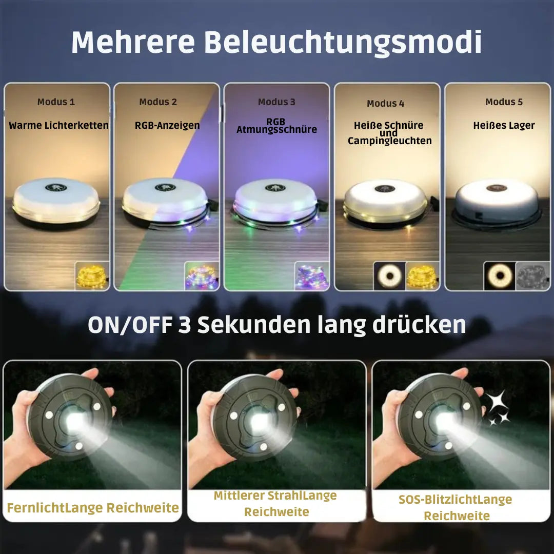 CampGlow™ | 4-in-1 Multifunktions-Campinglicht – Licht, Strom & Komfort